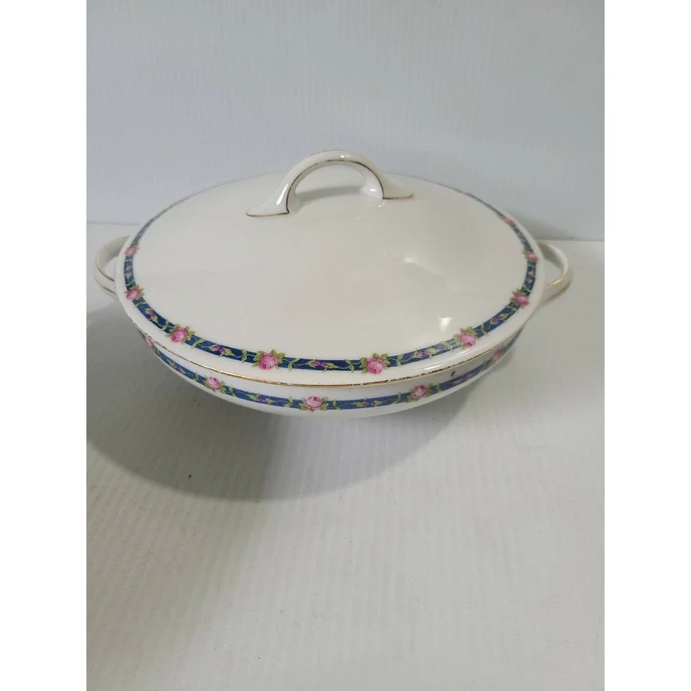 J & C TRIANON Bavaria Round Covered Serving Dish Bowl Pink Roses Blue Ribbon
